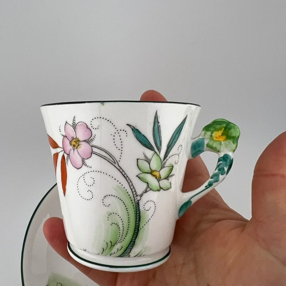 VTG Phoenix China England Floral Cup & Saucer TF&S Ltd Hand Painted Handle 1930s